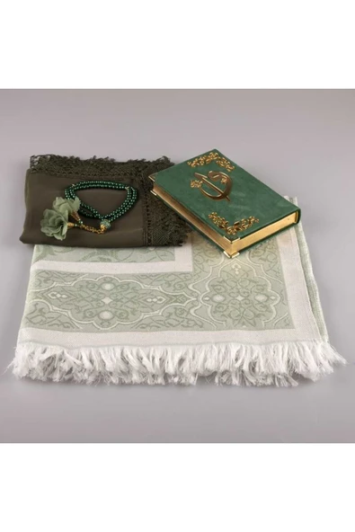 Şal + Seccade + Tesbih + Kuran Hediye Seti (çanta Boy, Kadife, Zeytin Yeşil) - Resim 2