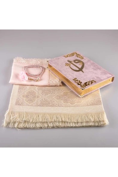Şal + Seccade + Tesbih + Kuran Hediye Seti (orta Boy, Kadife, Pudra Pembe) - Resim 2