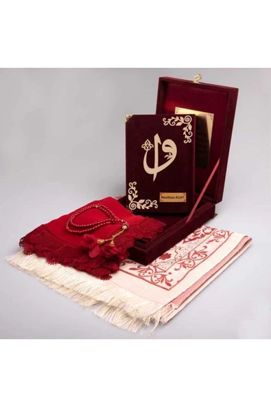 Şal Seccade Tesbih Kuran Set (ÇANTA BOY, PLAKET KUTU, BORDO) ürün görseli