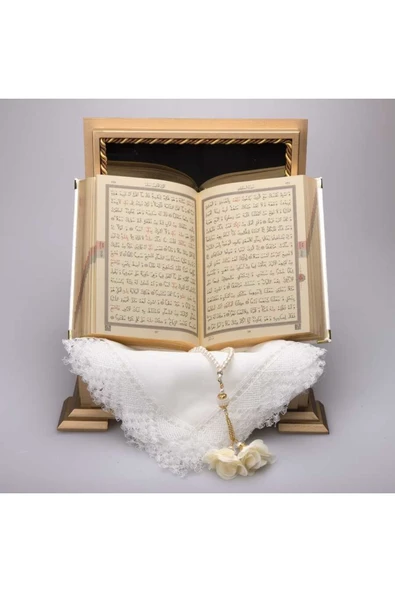 Şal Tesbih Kuran Hediye Seti (HAFIZ BOY, AHŞAP KUTULU, KADİFE, BEYAZ) - Resim 3