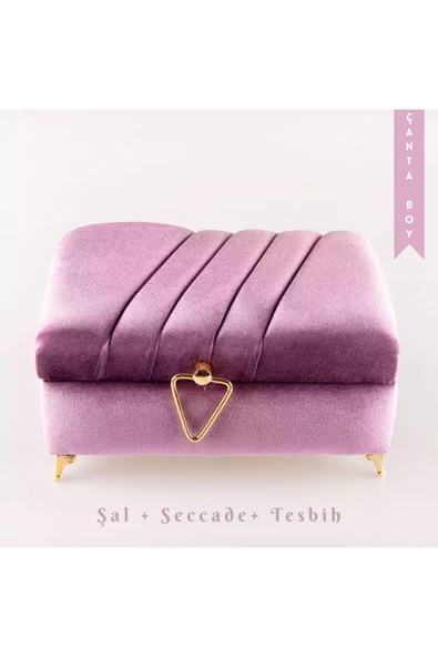 Çizgili Kutu Çeyizlik, Şal + Seccade + Tesbih + Kuran Hediye Seti (Çanta B. Kadife, Lila, Elif-Vav) ürün görseli