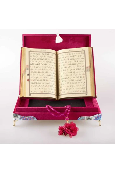 Tesbih Kuran Hediye Seti (ORTA BOY, KADİFE OVAL SANDIKLI, FUŞYA PEMBE) - Resim 5