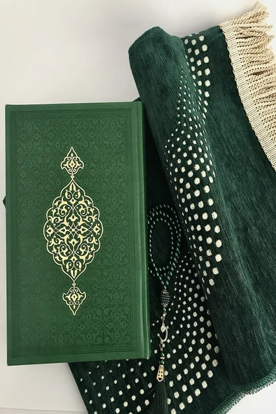 Yeşil Termo Deri Kuran-ı Kerim ,az Desenli Şönil Seccade, Inci Tesbih Set - Resim 2