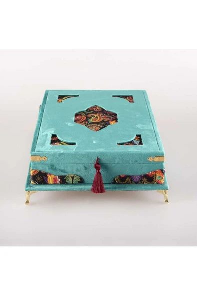 Tesbih Kuran Hediye Seti (ORTA BOY, KADİFE PLAKET SANDIKLI, TURKUAZ) - Resim 2