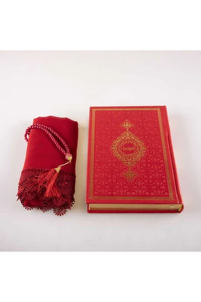 Şal + Tesbih + Kuran Hediye Seti (orta Boy, Kırmızı) - Resim 2