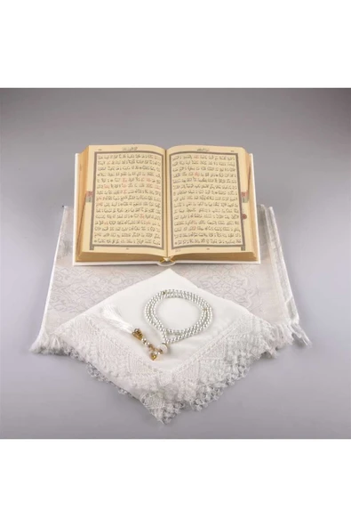 Şal Seccade Tesbih Kuran Hediye Seti (HAFIZ BOY, BEYAZ) - Resim 3