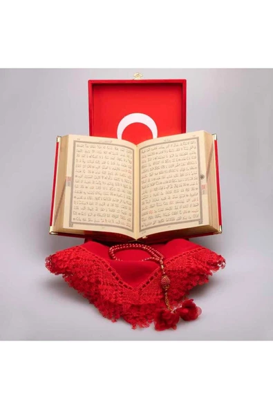 Şal + Seccade + Tesbih + Kuran Hediye Seti (çanta Boy, Plaket Kutulu, Kırmızı) - Resim 4