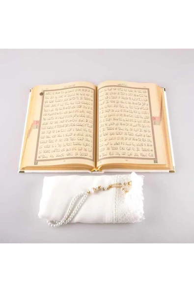 Şal + Tesbih + Kuran Hediye Seti (çanta Boy, Kadife, Beyaz) - Resim 3