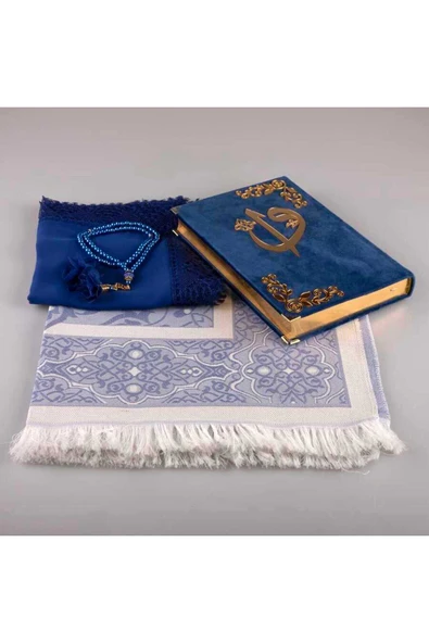 Şal + Seccade + Tesbih + Kuran Hediye Seti (orta Boy, Kadife, Lacivert) - Resim 2