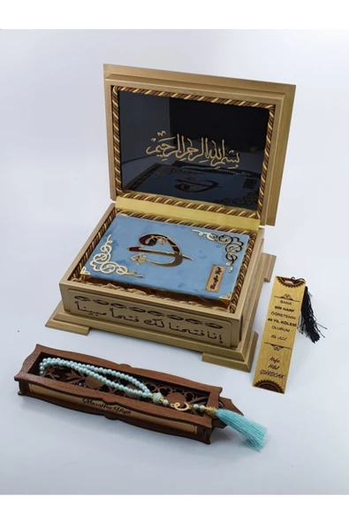 Dini Hediye Ahşap Kutulu Gökyüzü Mavi Kuranı Kerim Seti - Resim 2