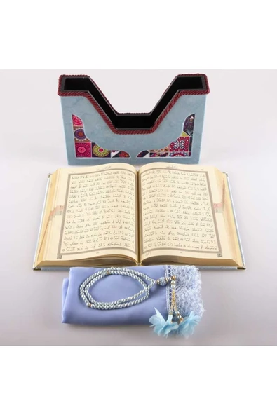 Şal Tesbih Kuran Hediye Seti (ORTA BOY, KADİFE V KUTULU, GÖK MAVİ) - Resim 4