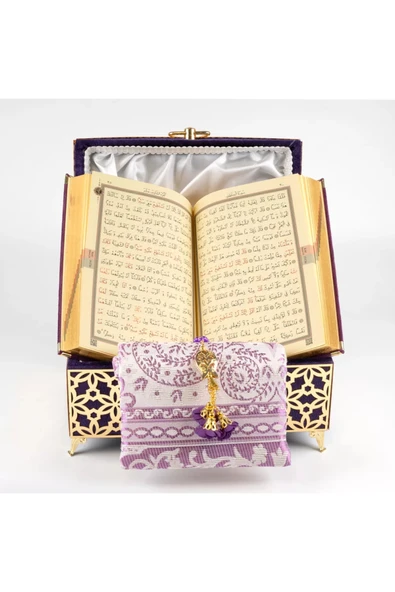 Desenli Kutu Çeyizlik, Seccade Tesbih Kuran Hediye Seti (HAFIZ BOY, KADİFE, MOR, ELİF-VAV) - Resim 3