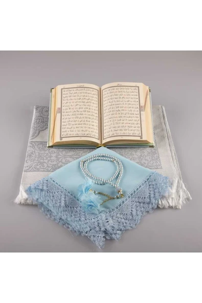 Şal + Seccade + Tesbih + Kuran Hediye Seti (çanta Boy, Kadife, Açık Mavi) - Resim 3