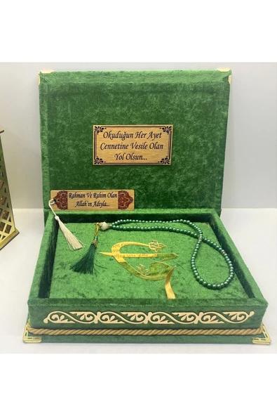 Isimli Özel Kadife Kutulu Kuranı Kerim Orta Boy Kutulu (YEŞİL)(16X24) Ayraç, Inci Tesbih Seti - Resim 3