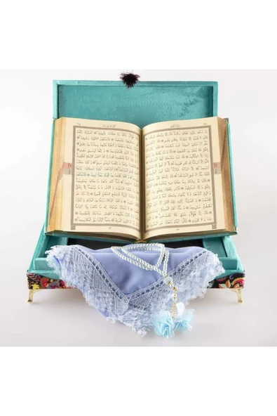 Şal Tesbih Kuran Hediye Set (ORTA BOY, KDF SANDIKLI, TURKUAZ) - Resim 5