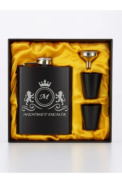 Matara Hediye Seti Özel Kutusunda İsme Özel Aslan Motifli Siyah Çelik Cep Matarası 2 Bardaklı ürün görseli