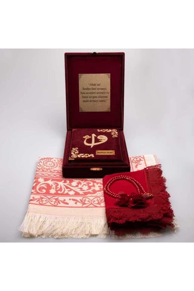 Şal Seccade Tesbih Kuran Set (ÇANTA BOY, PLAKET KUTU, BORDO) - Resim 2