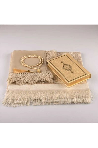 Şal Seccade Tesbih Kuran Hediye Seti (ÇANTA BOY, GOLD) - Resim 2