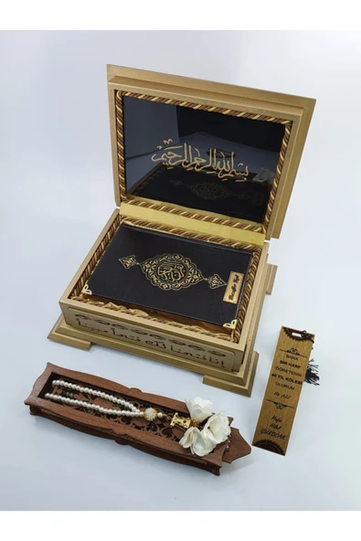 Hediyelik Kuranı Kerim Seti Ahşap Kutulu Hafız Boy Siyah Süet Deri - Resim 2