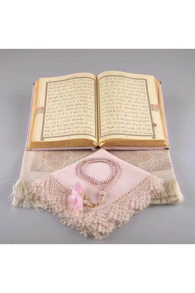 Şal + Seccade + Tesbih + Kuran Hediye Seti (orta Boy, Kadife, Pudra Pembe) - Resim 3