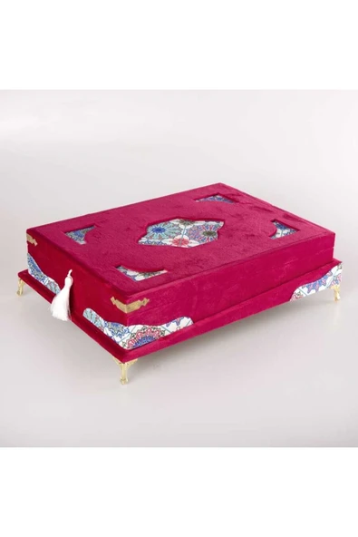 Tesbih Kuran Hediye Seti (ORTA BOY, KADİFE PLAKET SANDIKLI, FUŞYA PEMBE) - Resim 2
