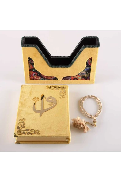 Tesbih Kuran Hediye Seti (ORTA BOY, KADİFE V KUTULU, GOLD) - Resim 3