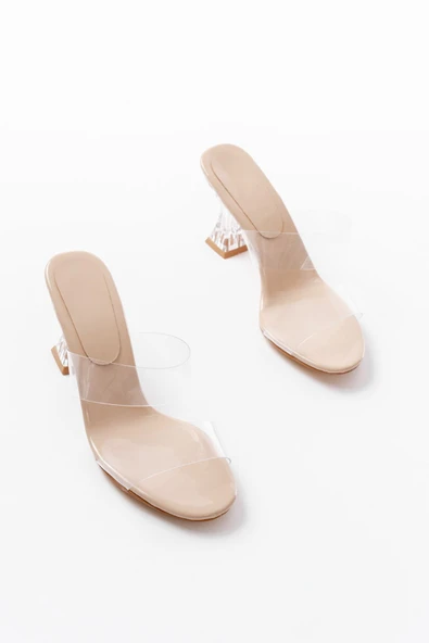 S-618 Bej Rugan Tek Bantlı Topuklu Kadın Terlik - Resim 3