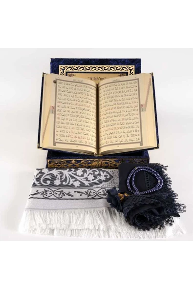Raşel Kutulu, Şal + Seccade + Tesbih + Kuran Hediye Seti (Orta Boy, Lacivert, Elif-Vav) - Resim 3