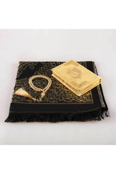Seccade + Tesbih + Kuran Hediye Seti (çanta Boy, Kadife, Gold-1) - Resim 2