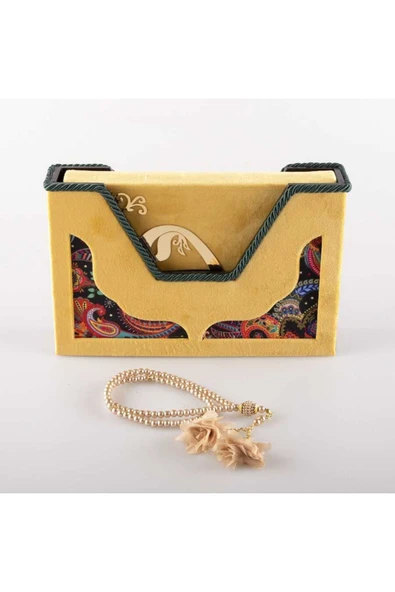 Tesbih Kuran Hediye Seti (ORTA BOY, KADİFE V KUTULU, GOLD) - Resim 2