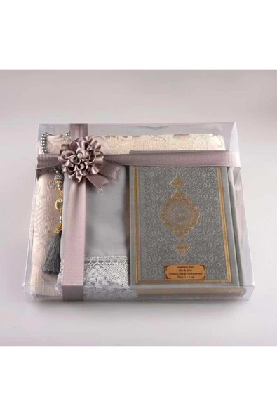 Şal + Seccade + Tesbih + Kuran Hediye Seti (Hafız Boy, Gri) - Resim 2