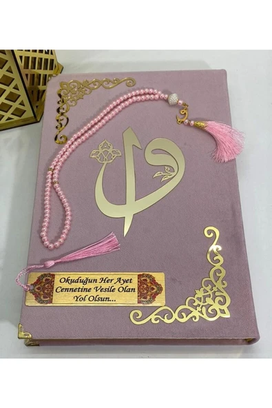 Isimli Kadife Kuranı Kerim Cami Büyük Boy (24X34) (PUDRA PEMBE) Inci Tesbih, Ayraç Seti - Resim 2
