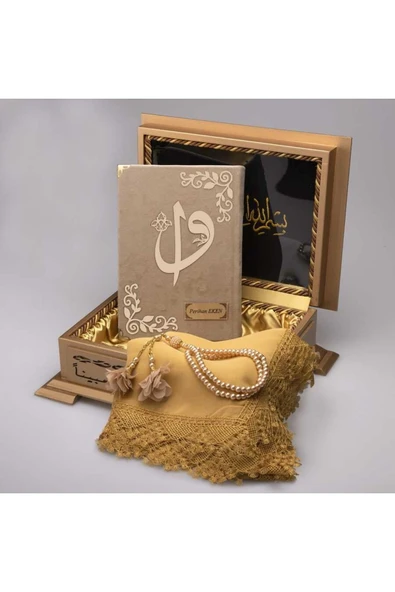 Şal Tesbih Kuran Hediye Seti (HAFIZ BOY, AHŞAP KUTULU, KADİFE, VİZON) ürün görseli