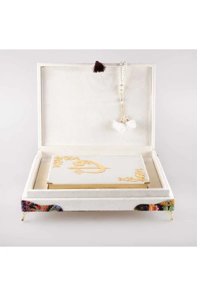 Tesbih Kuran Hediye Seti (ORTA BOY, KADİFE SANDIKLI, BEYAZ) - Resim 3