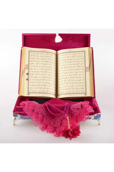 Şal Tesbih Kuran Hediye Seti (ORTA BOY, KADİFE SANDIKLI, FUŞYA PEMBE) - Resim 5