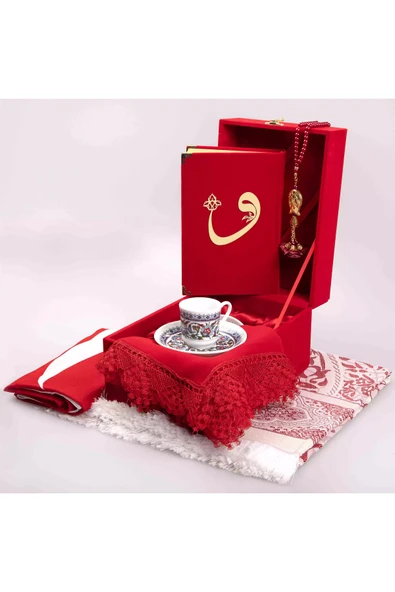 Bayrak + Fincan +  Şal + Seccade + Tesbih + Kuran Hediye Seti (Hafız Boy, Kırmızı, Vav Motifli) - Resim 2