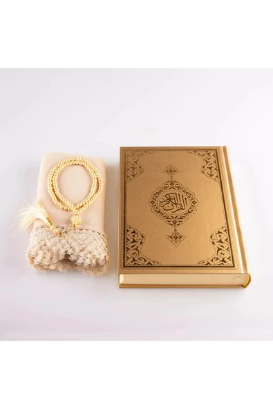 Şal + Tesbih + Kuran Hediye Seti (Orta Boy, Standart Cilt, Gold) - Resim 3