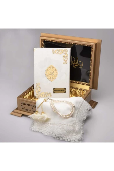Şal Tesbih Kuran Hediye Set (HAFIZ BOY, KADİFE, BEYAZ) ürün görseli