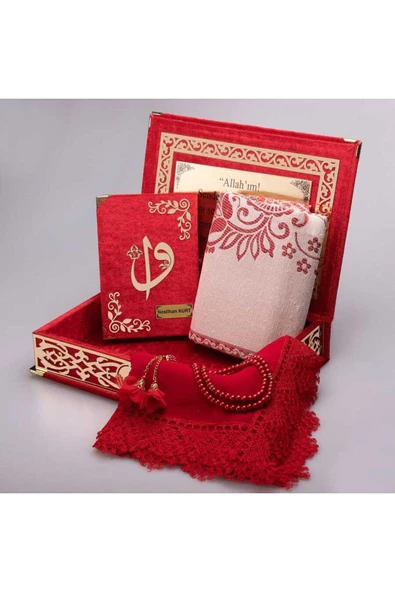 Raşel Kutulu, Şal + Seccade + Tesbih + Kuran Hediye Seti (Orta Boy, Kırmızı, Elif-Vav) ürün görseli