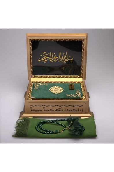 Şal + Tesbih + Kuran Hediye Seti (hafız Boy, Kadife, Zeytin Yeşili) - Resim 2