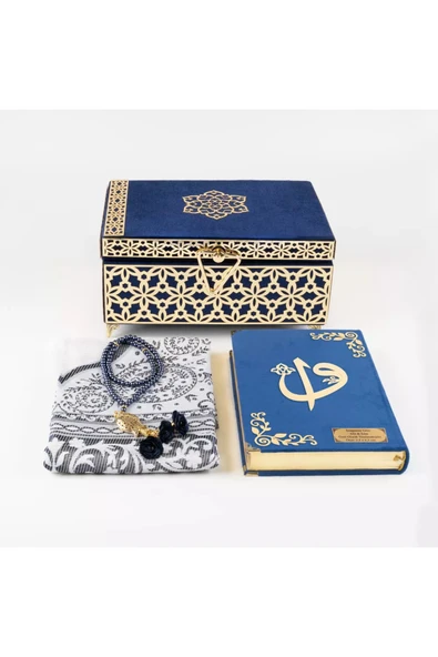Desenli Kutu Çeyizlik, Seccade + Tesbih + Kuran Hediye Seti (Çanta Boy, Kadife, Lacivert, Elif-Vav) - Resim 2