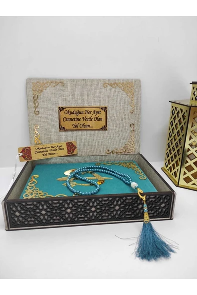 Isimli Kadife Kuranı Kerim Özel Ahşap Kutulu Ortaboy (16X24)(TURKUAZ)ayraç,tesbih Seti - Resim 2