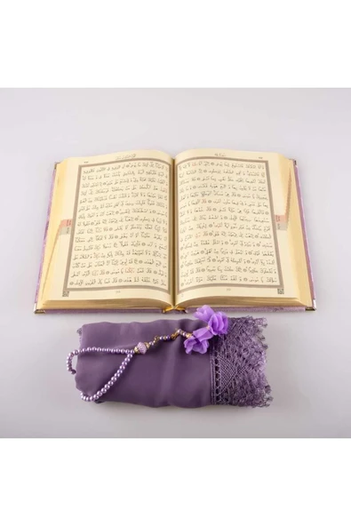 Şal + Tesbih + Kuran Hediye Seti (hafız Boy, Kadife, Lila) - Resim 3