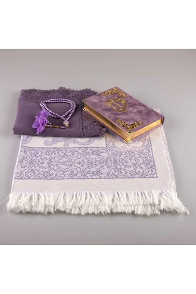 Şal + Seccade + Tesbih + Kuran Hediye Seti (çanta Boy, Kadife, Lila) - Resim 2