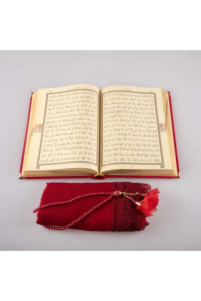 Şal + Tesbih + Kuran Hediye Seti (hafız Boy, Kadife, Kırmızı) - Resim 3
