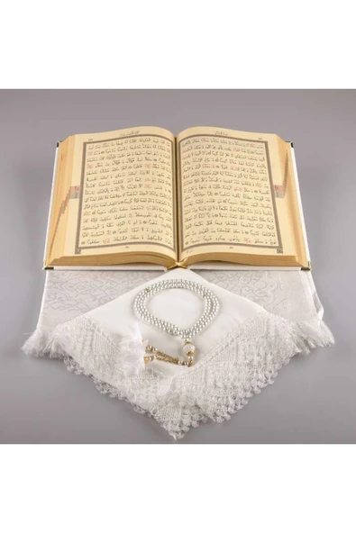 Şal + Seccade + Tesbih + Kuran Hediye Seti (orta Boy, Kadife, Beyaz) - Resim 3