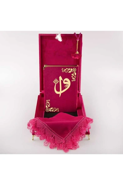 Şal Tesbih Kuran Hediye Seti (ORTA BOY, KADİFE PLAKET SANDIKLI, FUŞYA PEMBE) - Resim 4