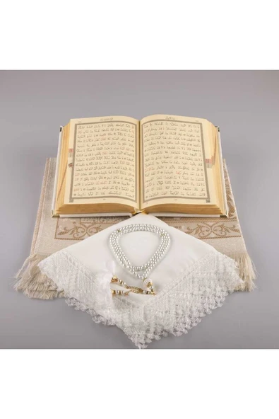 Şal Seccade Tesbih Kuran Seti (HAFIZ BOY, KADİFE, BEYAZ-1) - Resim 3