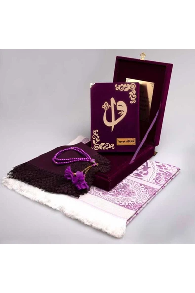 Şal Seccade Tesbih Kuran Seti (ÇANTA BOY, PLAKET KUTU, MOR) ürün görseli