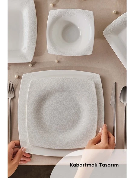Karaca Fine Pearl Helen 62 Parça 12 Kişilik Beyaz Porselen Kare Tabaklı Şık Yemek Takımı - 5